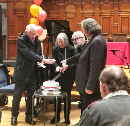 May 2021: Ceremonial cutting of the cake at the Society's 40th anniversary. L-R: Past Presidents Richard King and Colleen Chesterman, current President Esteban Insausti & past President Roger Cruickshank